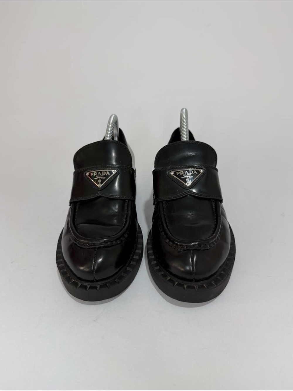 Prada Spazzolato Metal Triangle Logo 50mm Loafers Black Size 37EU/ 7US